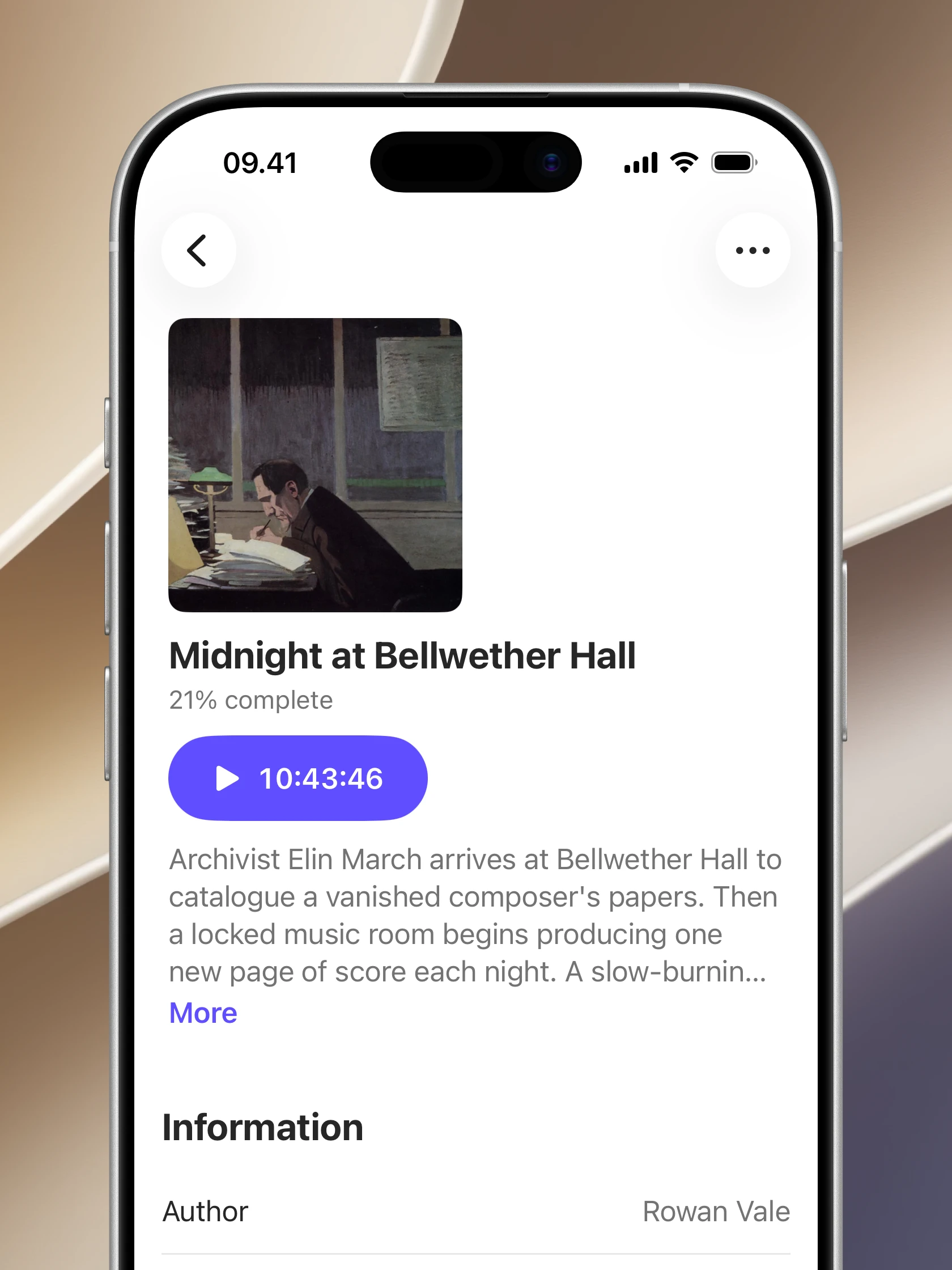 An audiobook and its ordered parts in Audely on iPhone