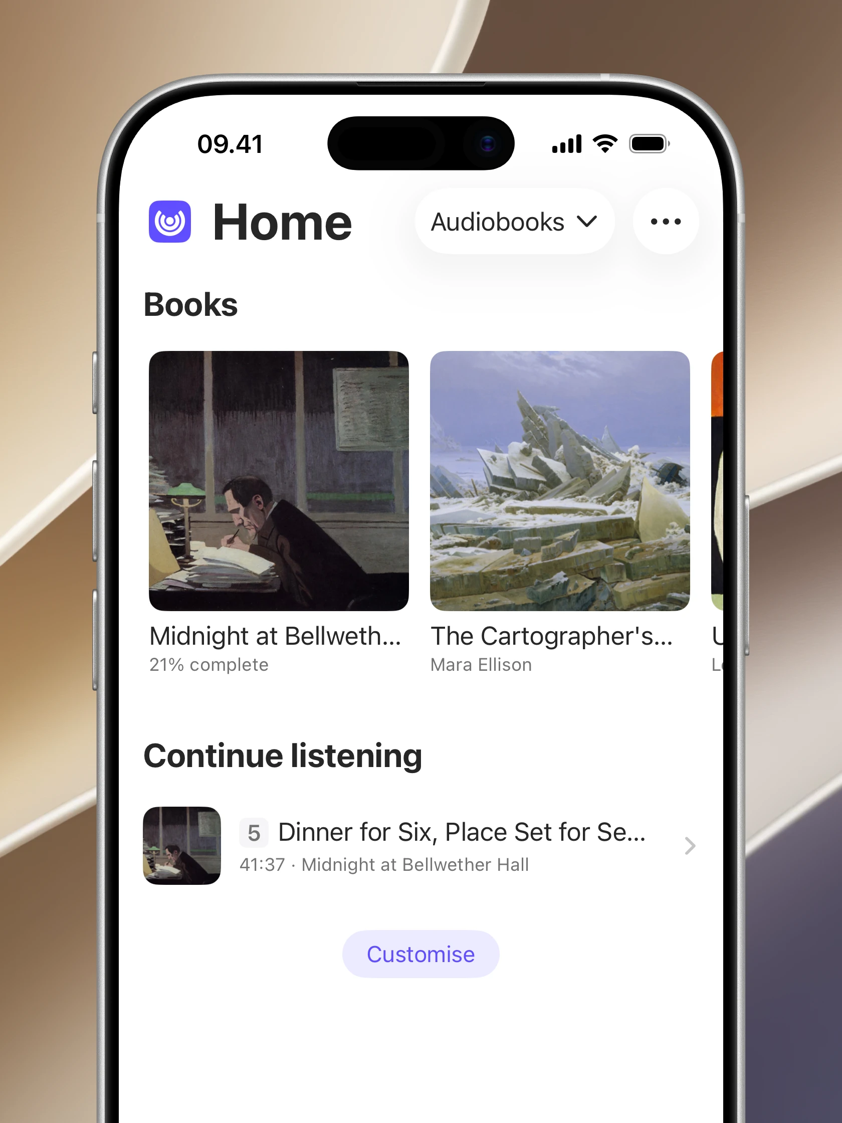 A personal audiobook library in Audely on iPhone