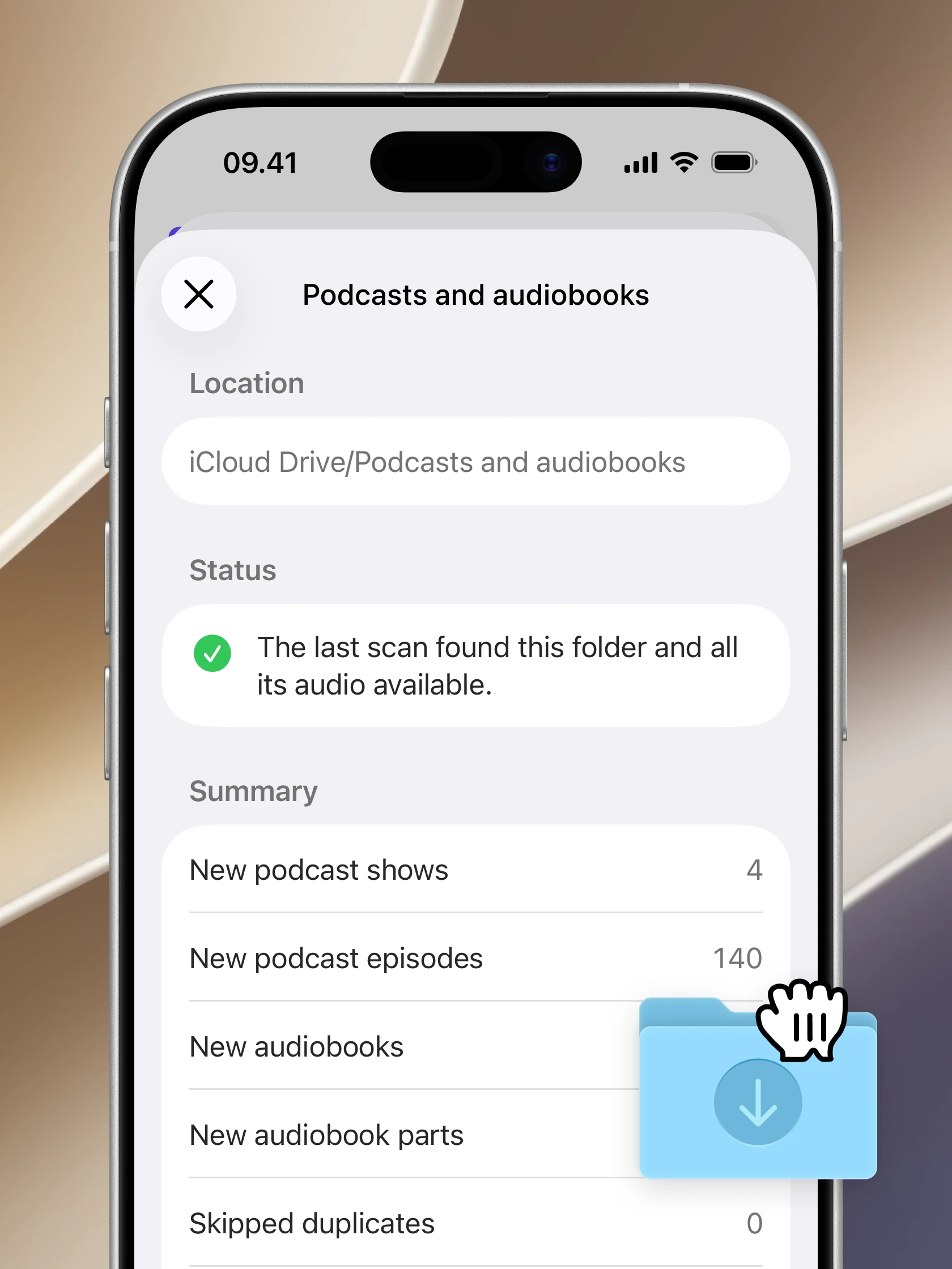 Audely showing the results of adding a local audio folder on iPhone